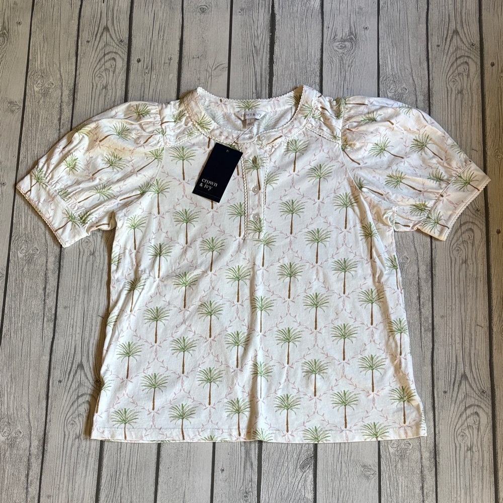 Crown & Ivy Cream Top with Green and Pink Palm Print